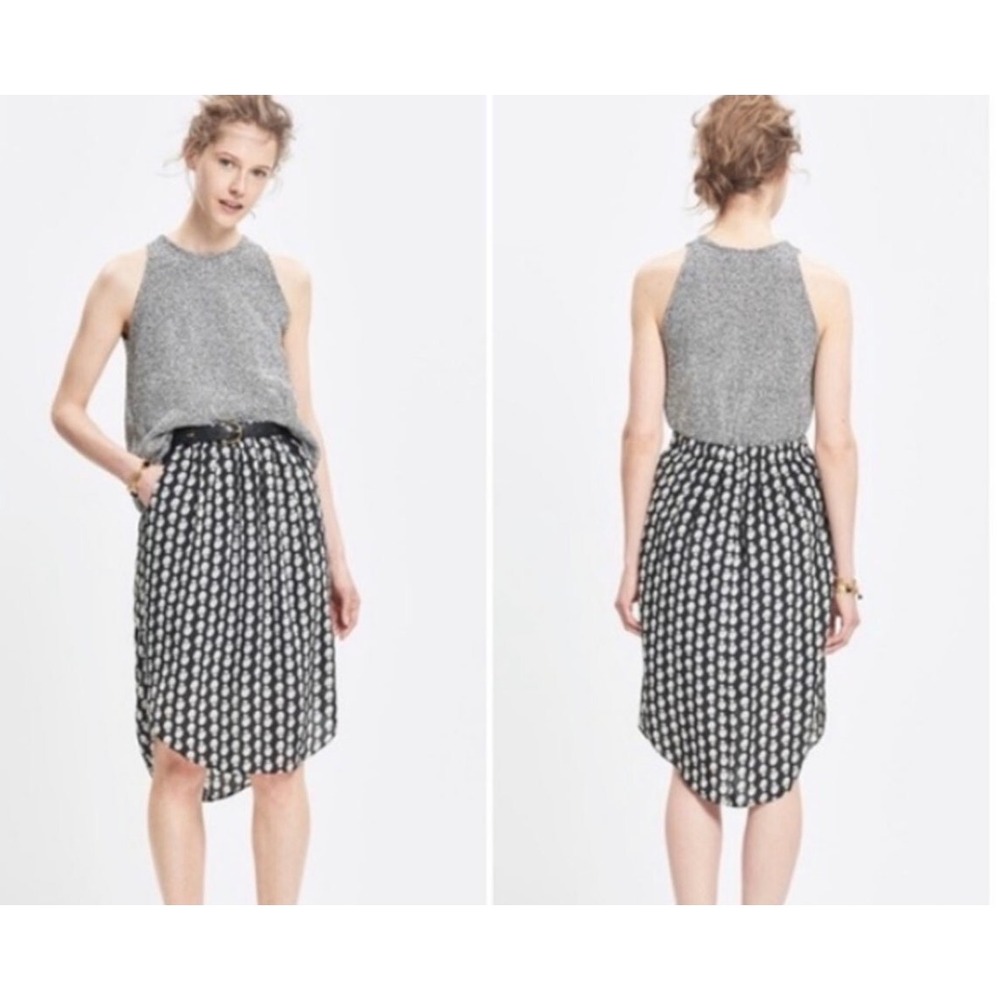 Madewell Black Cream Silk Floral Block Print Tulip Hem Skirt Small Pockets